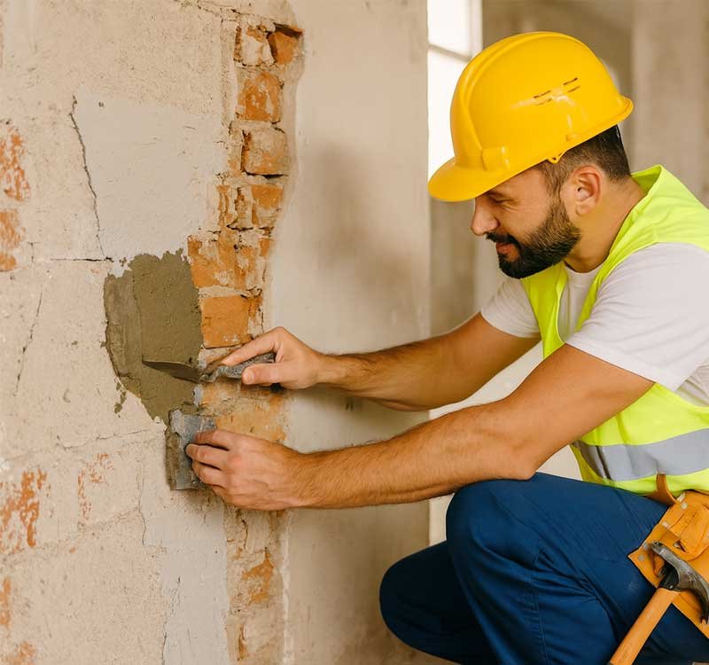 un operaio che sistema un muro